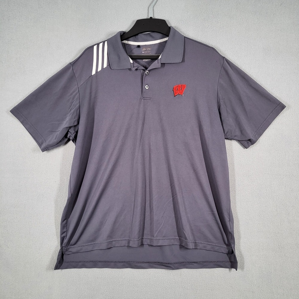 Adidas Polo Shirt Men's XL‎ Gray Wisconsin Badgers ClimaCool Short Sleeve Golf
